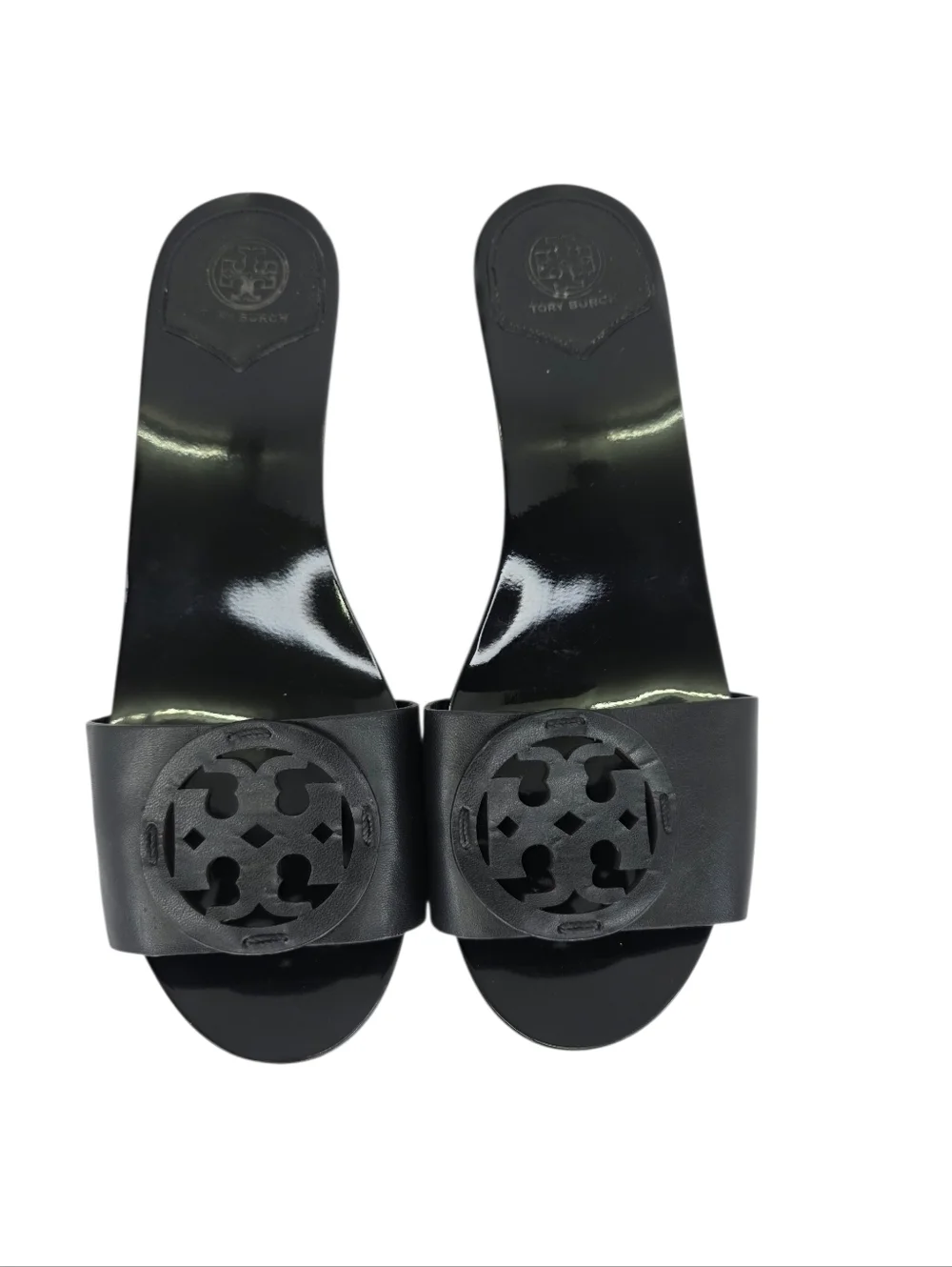 Tory Burch Patti Black Patent Slides Platform Wedge Heels Leather Sandals 9.5M